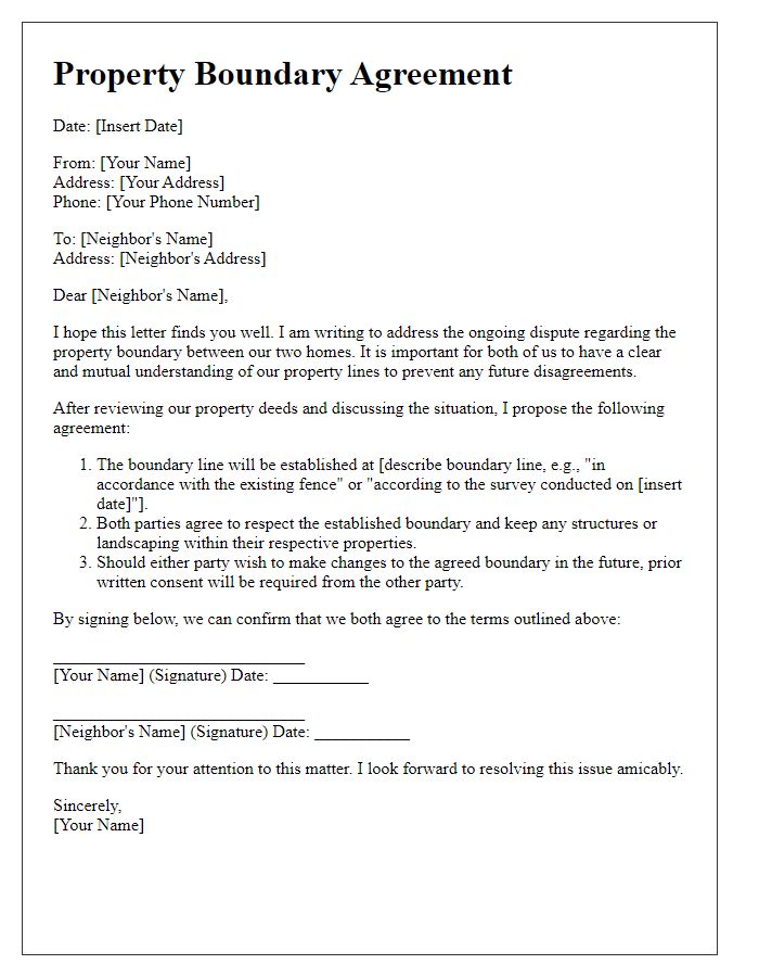 Letter template of property boundary agreement for neighbors resolving disputes