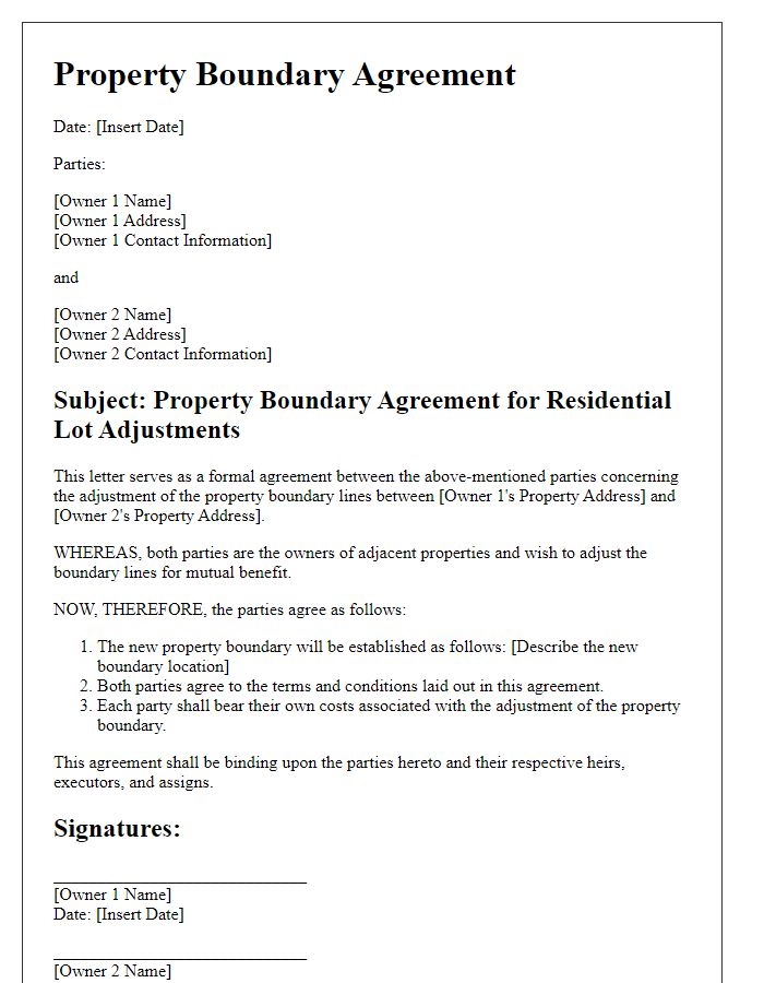 Letter template of property boundary agreement for residential lot adjustments