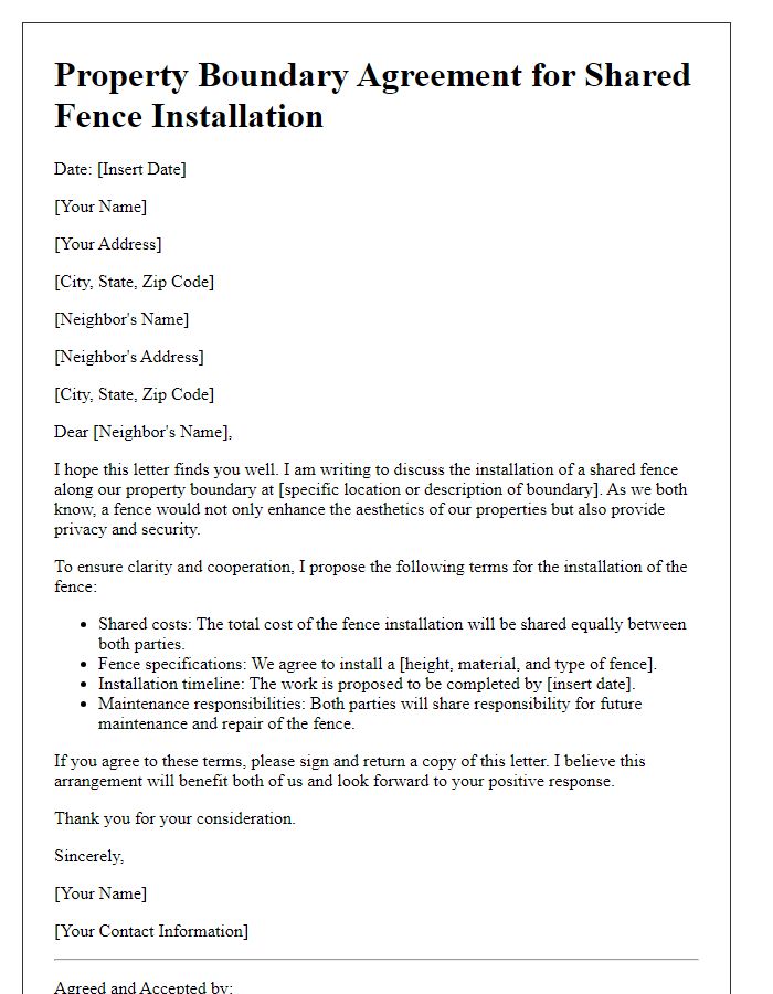 Letter template of property boundary agreement for shared fence installation