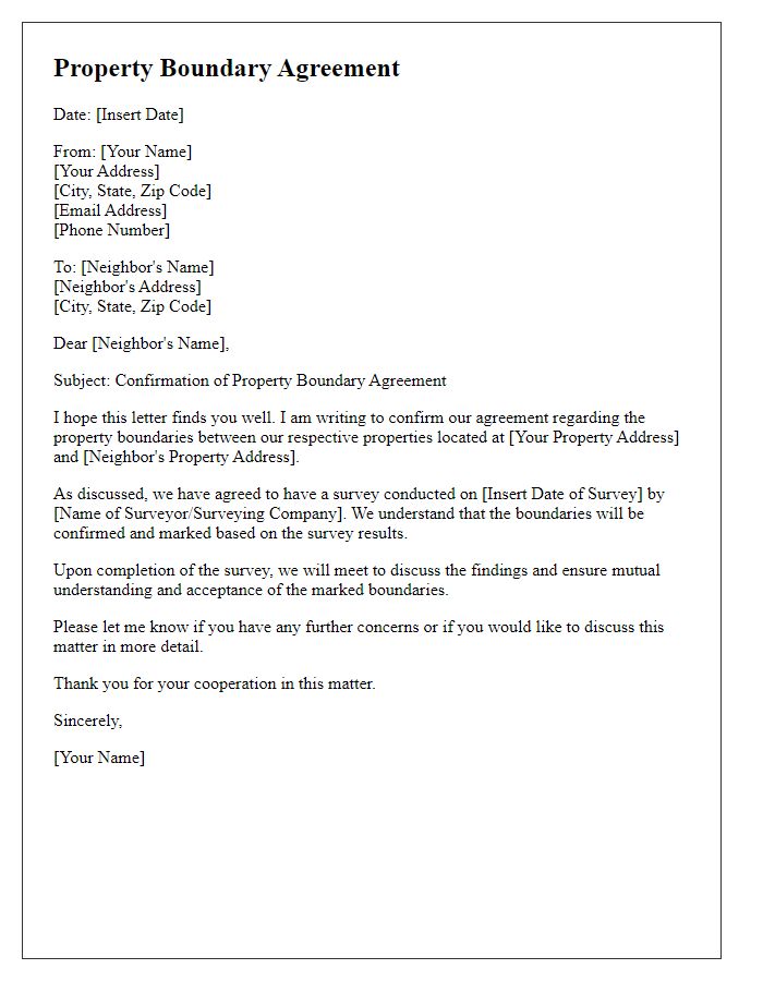 Letter template of property boundary agreement for survey confirmation