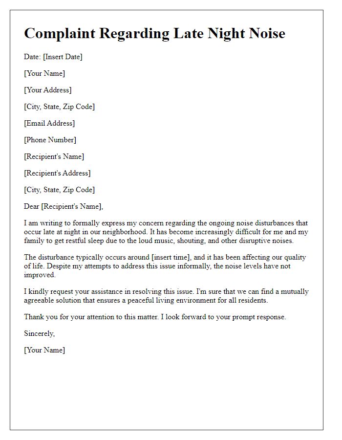Letter template of complaint regarding late night noise issues.