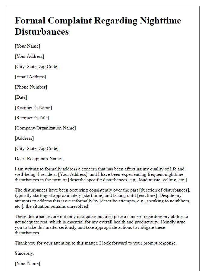 Letter template of formal complaint about nighttime disturbances.