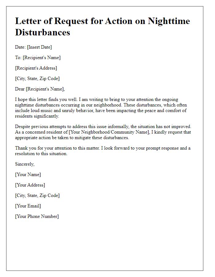 Letter template of request for action on nighttime disturbances.