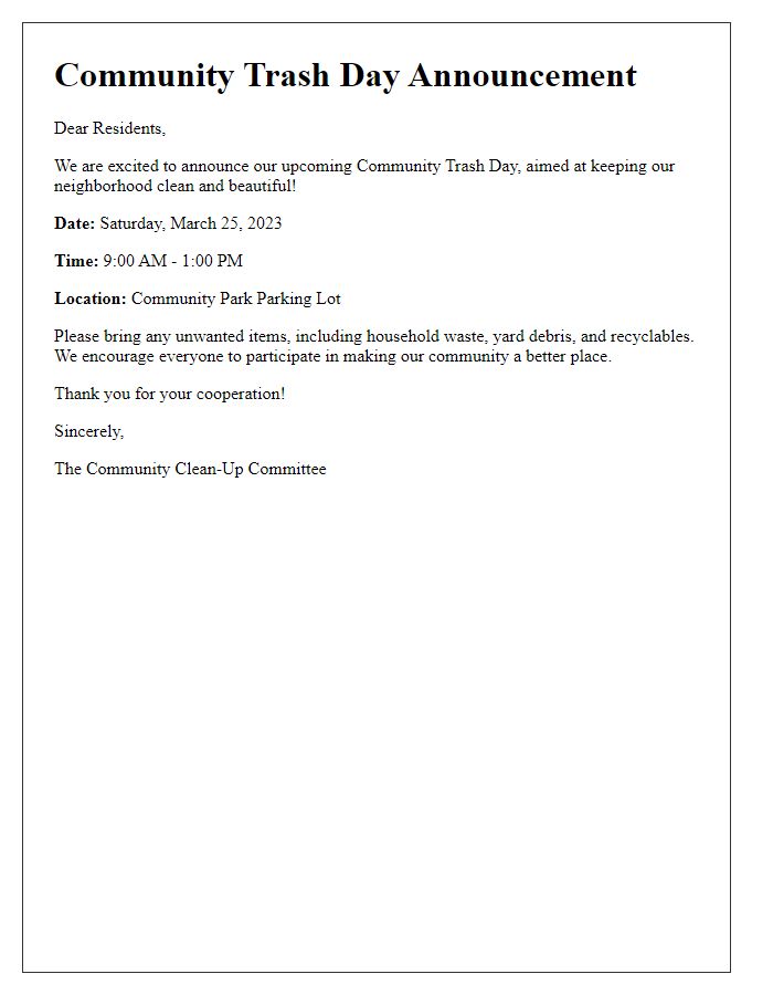 Letter template of community trash day announcement