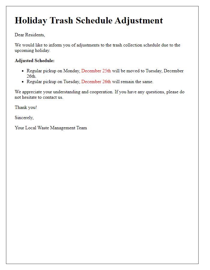 Letter template of holiday trash schedule adjustment