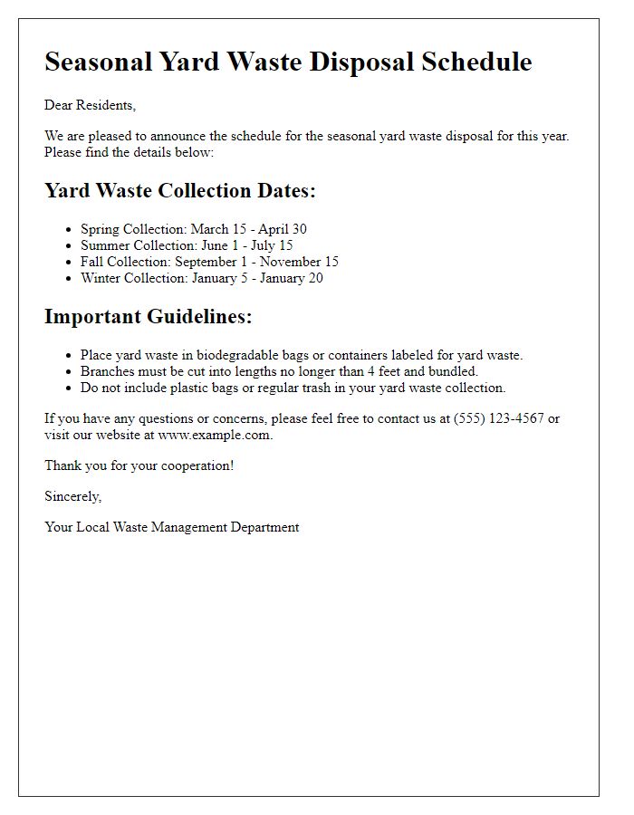 Letter template of seasonal yard waste disposal schedule