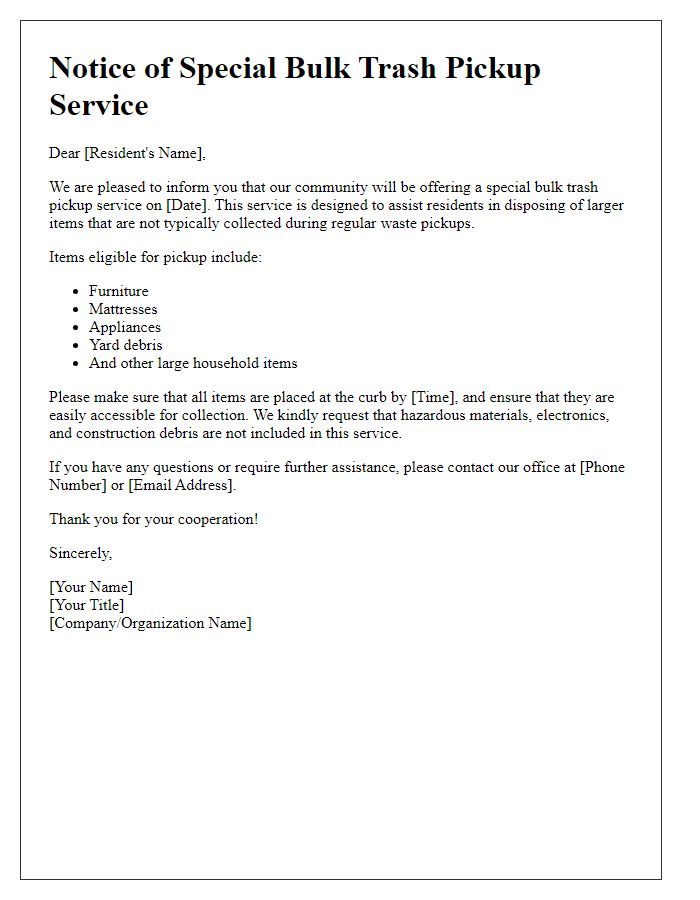 Letter template of special bulk trash pickup service