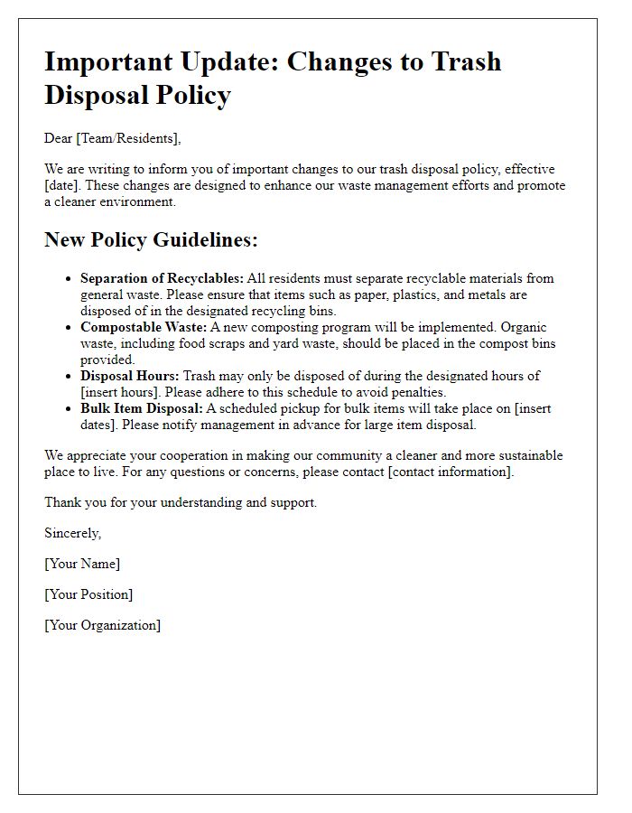 Letter template of trash disposal policy changes