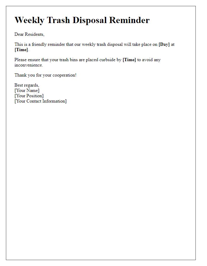 Letter template of weekly trash disposal reminder