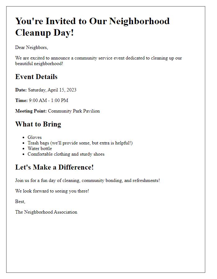 Letter template of community service invitation for neighborhood cleanup.