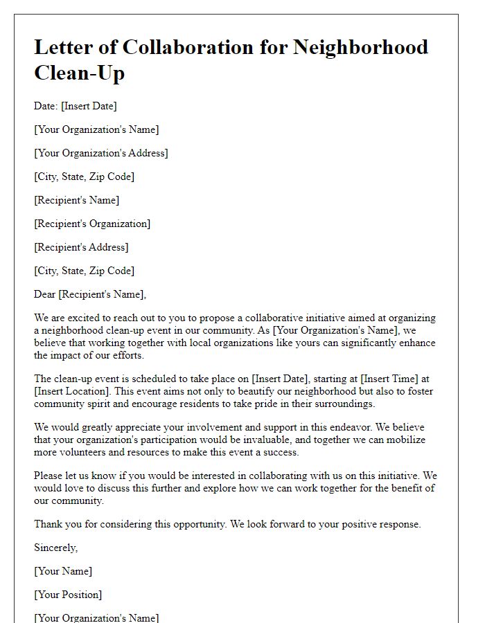 Letter template of organization collaboration for neighborhood clean-up.