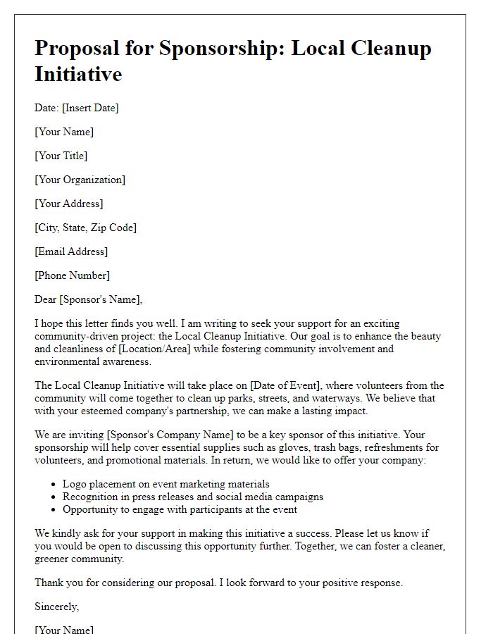 Letter template of sponsorship proposal for local cleanup initiative.