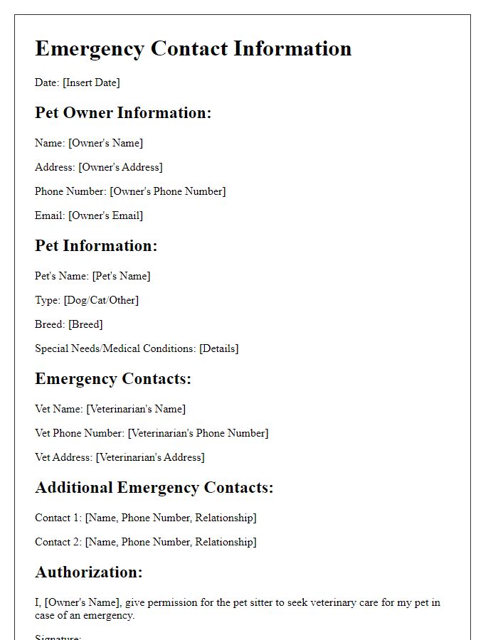 Letter template of emergency contact information for pet sitting