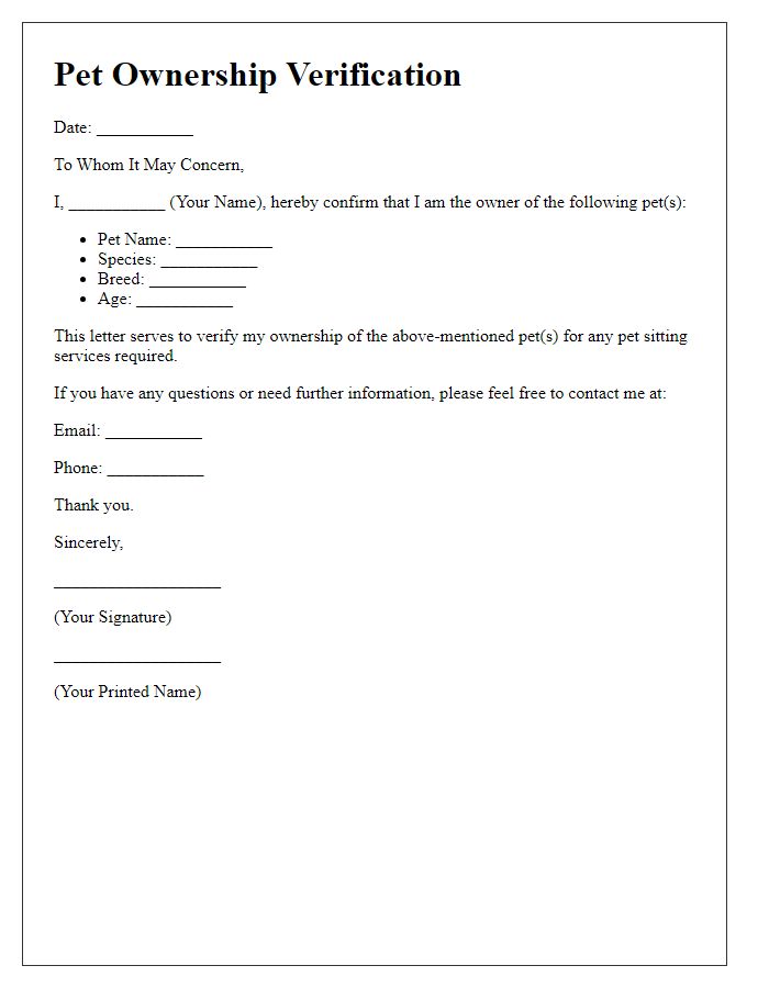 Letter template of pet ownership verification for sitters