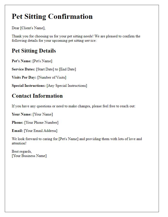 Letter template of pet sitting confirmation for clients