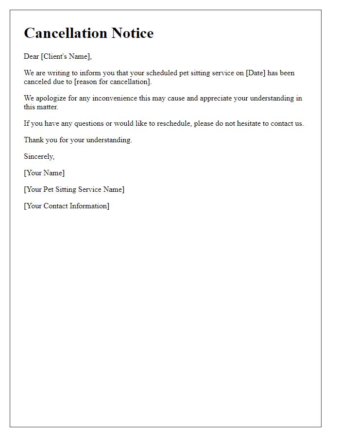 Letter template of pet sitting service cancellation notice