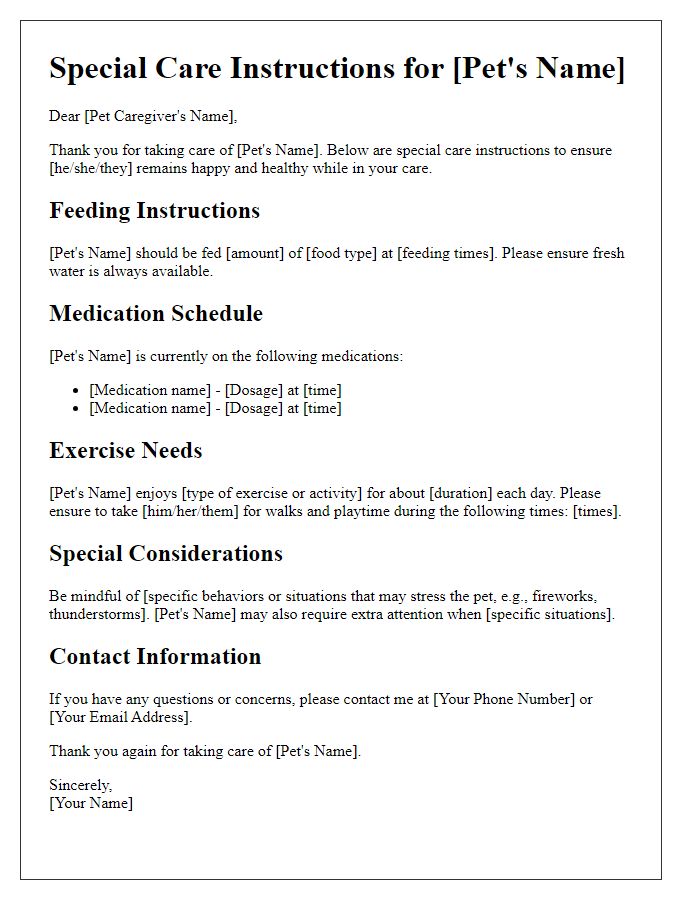 Letter template of special care instructions for pets