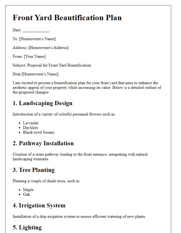 Letter template of front yard beautification plan