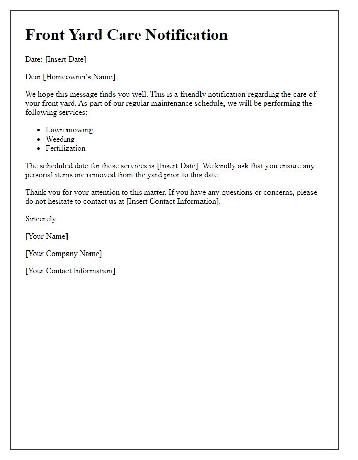 Letter template of front yard care notification