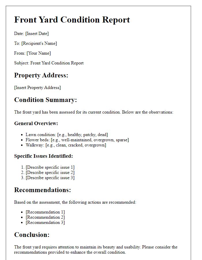 Letter template of front yard condition report