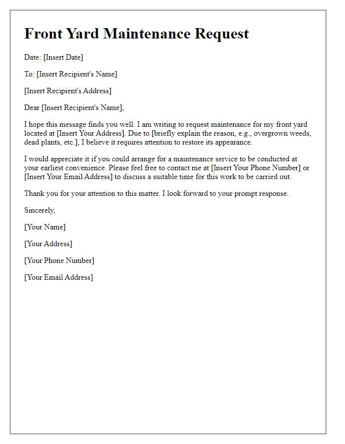 Letter template of front yard maintenance request