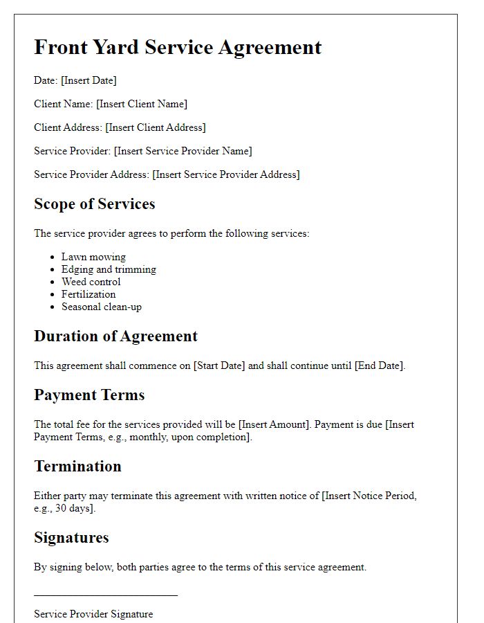 Letter template of front yard service agreement