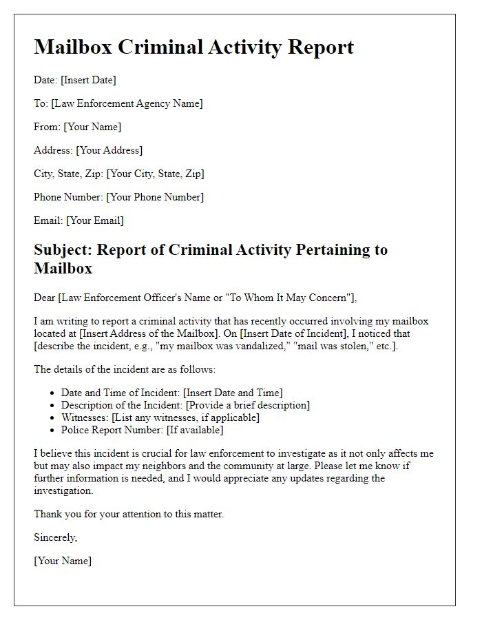 Letter template of mailbox criminal activity report