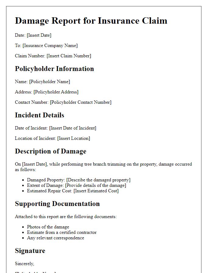 Letter template of tree branch trimming damage report for insurance claims.