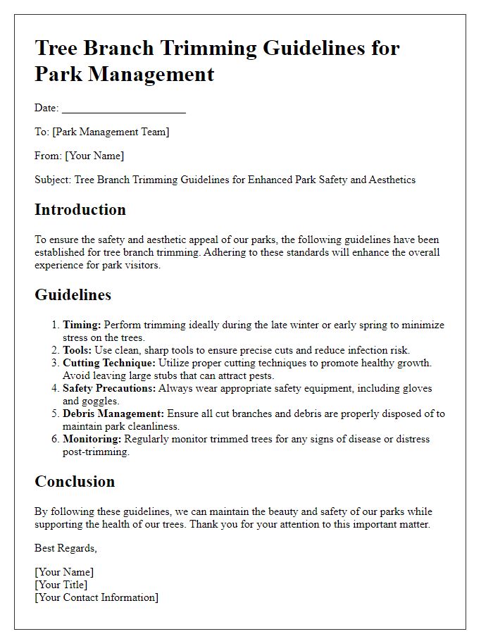 Letter template of tree branch trimming guidelines for park management.