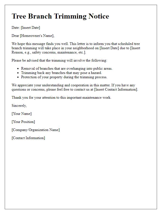 Letter template of tree branch trimming notice for residential homeowners.