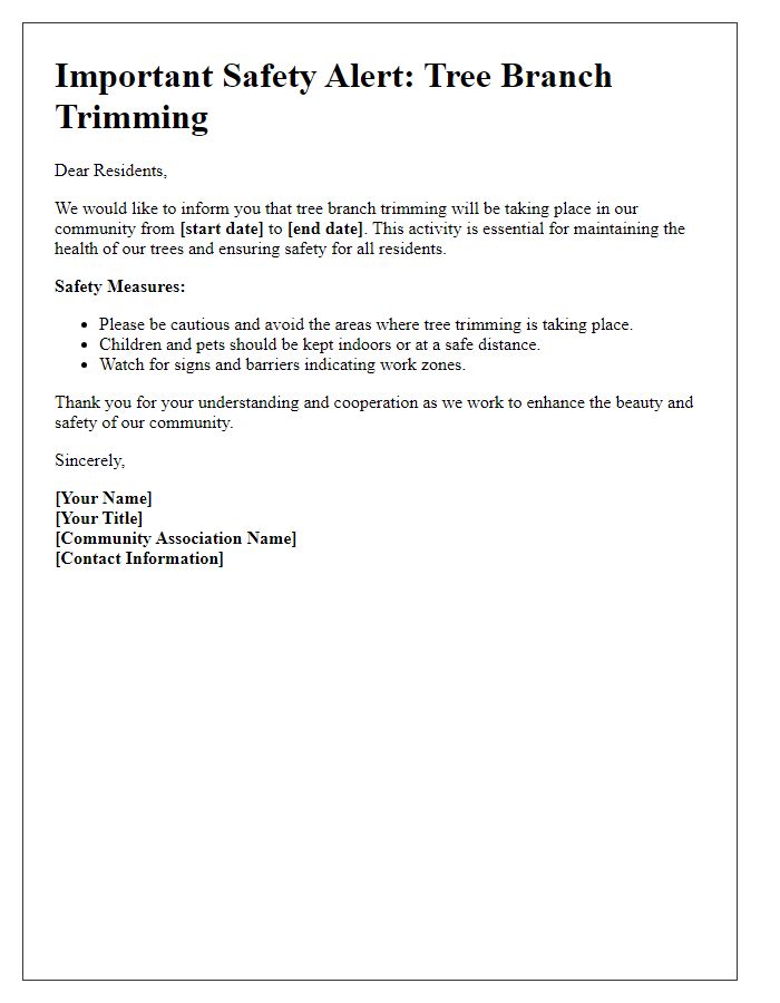 Letter template of tree branch trimming safety alert for community residents.