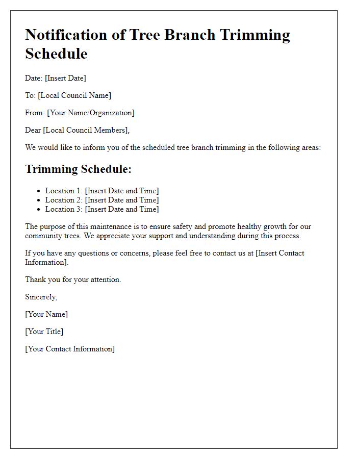 Letter template of tree branch trimming schedule notification for local council.