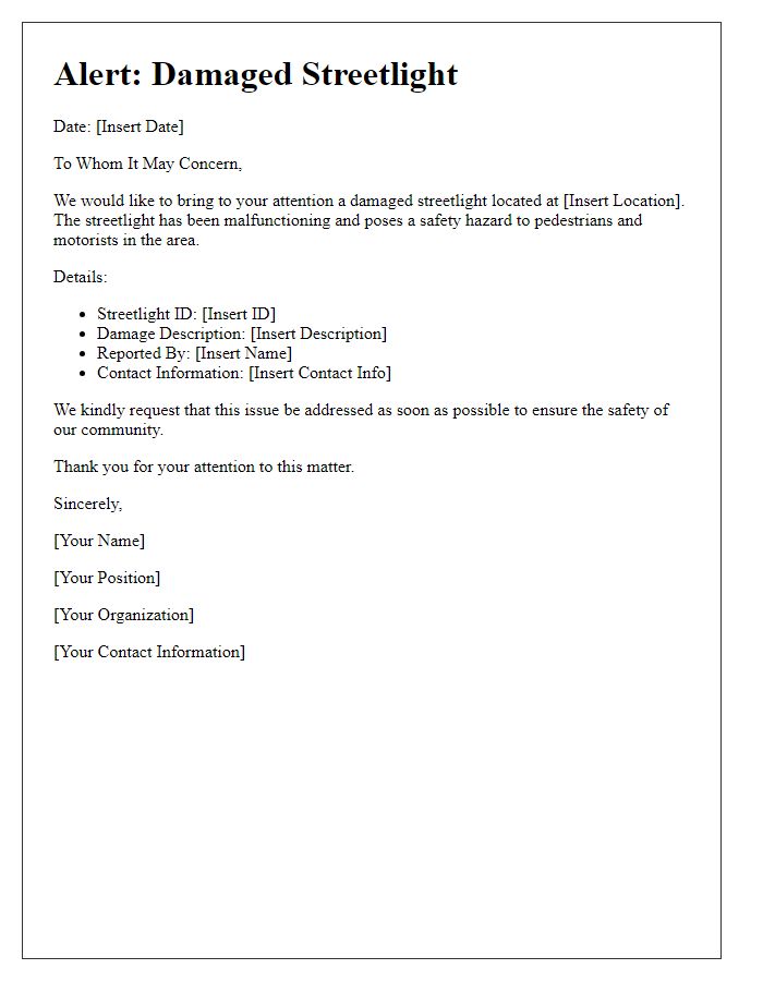 Letter template of alert for damaged streetlight