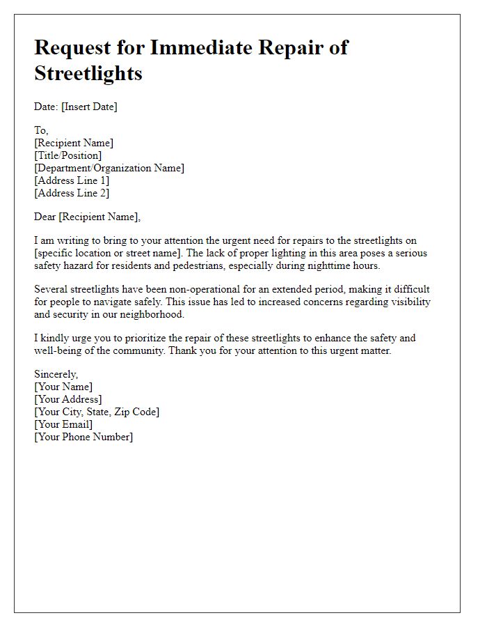 Letter template of appeal for urgent streetlight repair