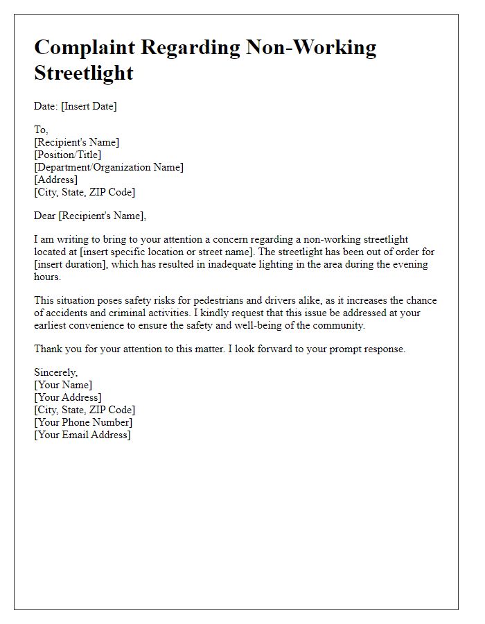 Letter template of complaint regarding non-working streetlight