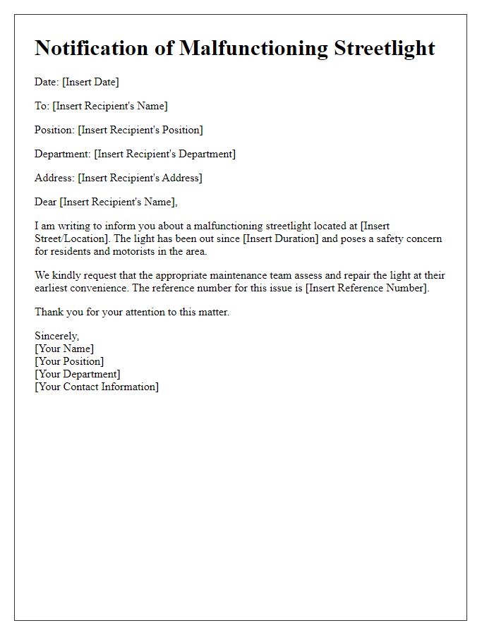 Letter template of notification for malfunctioning streetlight