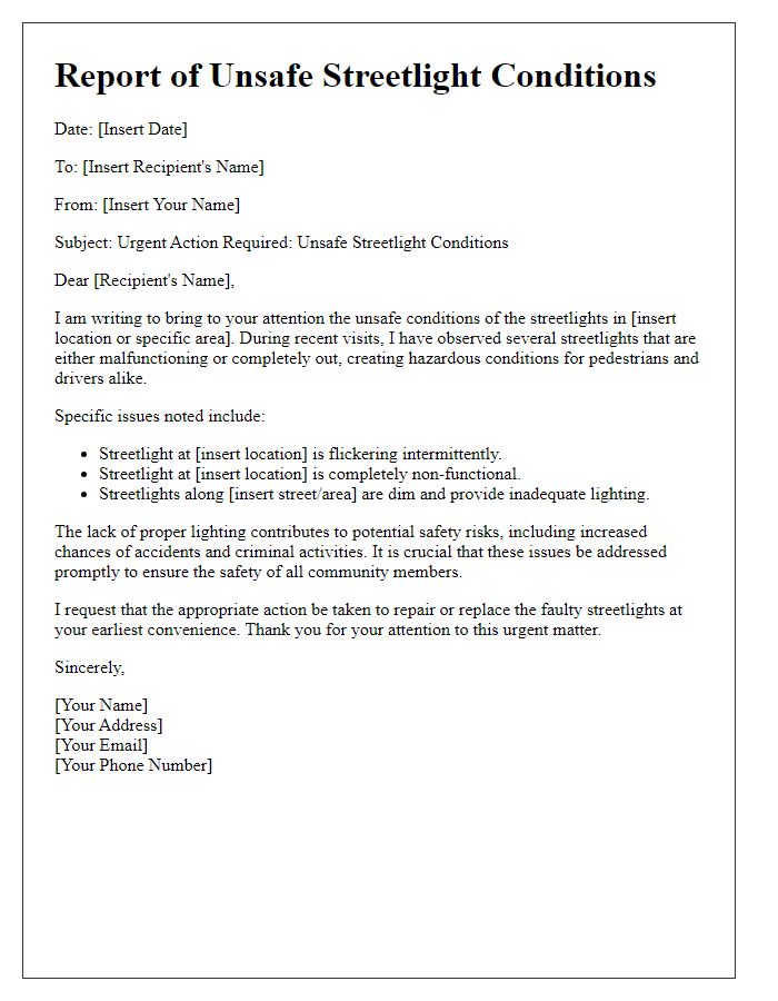 Letter template of report for unsafe streetlight conditions