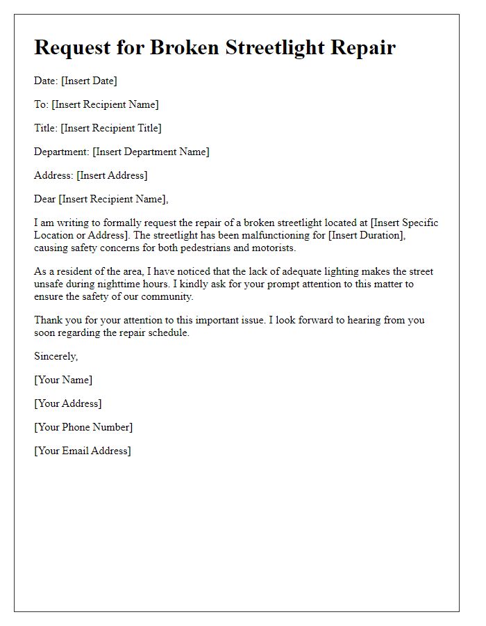 Letter template of request for broken streetlight repair