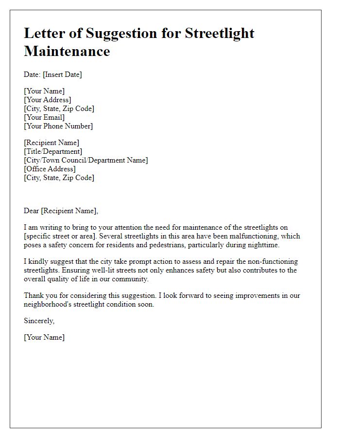 Letter template of suggestion for streetlight maintenance