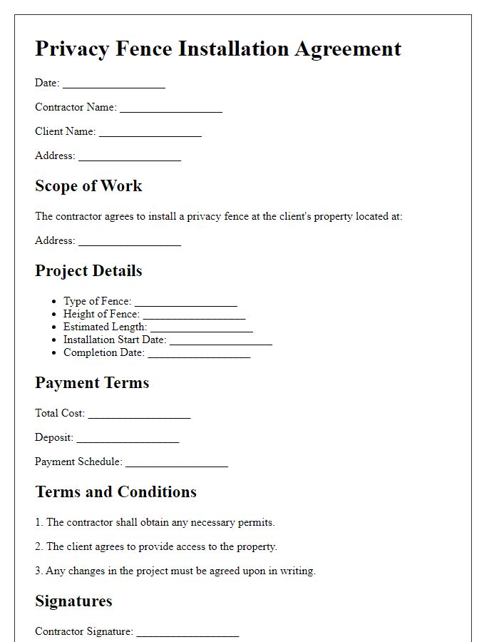 Letter template of privacy fence installation agreement with contractor