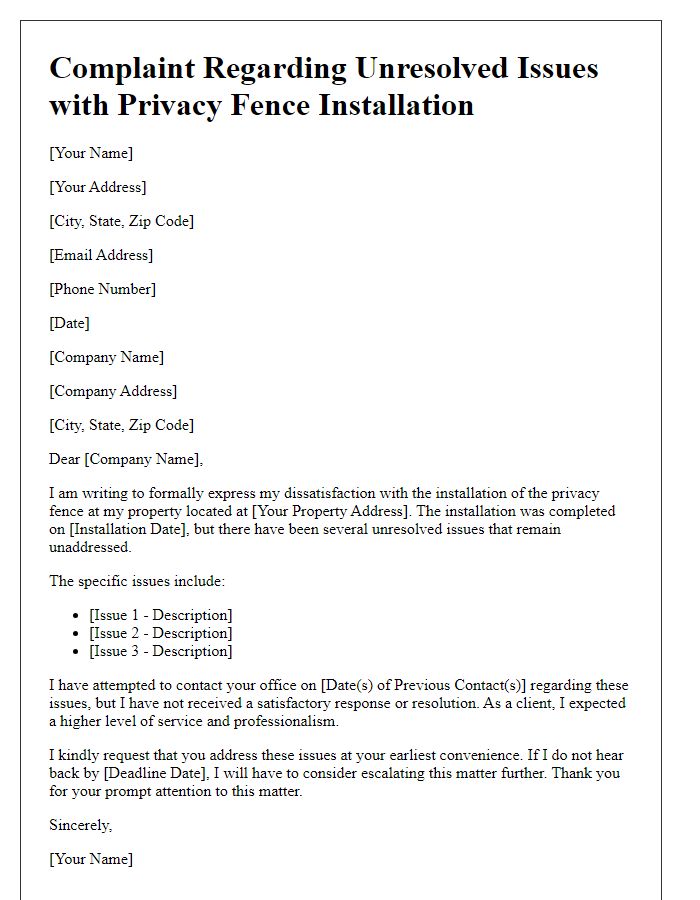 Letter template of privacy fence installation complaint for unresolved issues