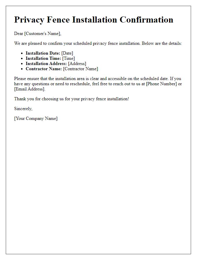 Letter template of privacy fence installation confirmation for scheduled work