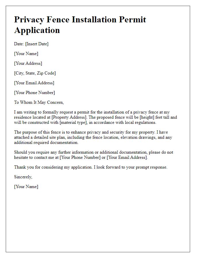 Letter template of privacy fence installation permit application