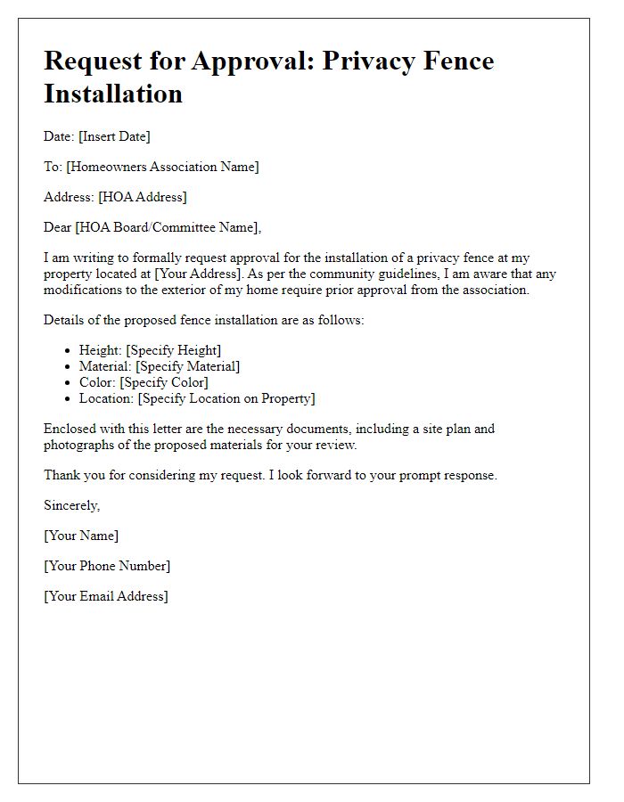 Letter template of privacy fence installation request for homeowners association approval