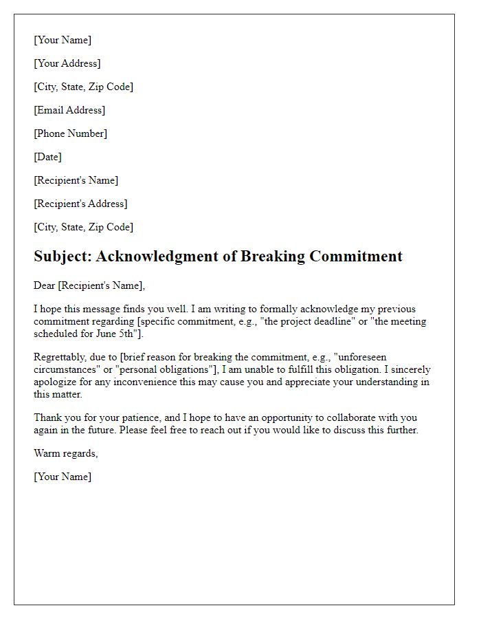 Letter template of acknowledgment for breaking a commitment