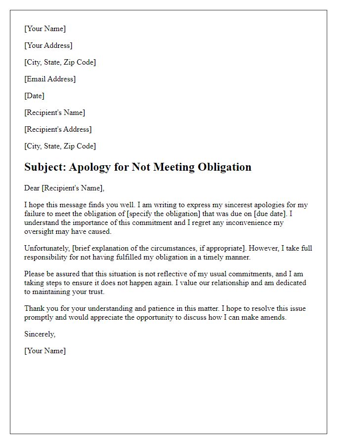 Letter template of contrition for not meeting an obligation