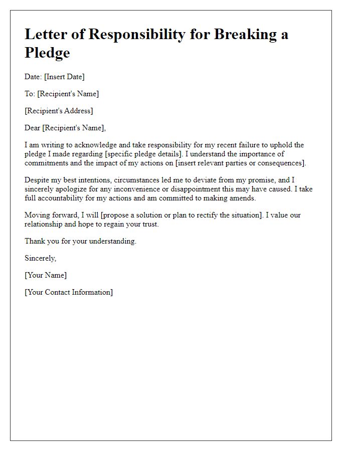 Letter template of responsibility for breaking a pledge