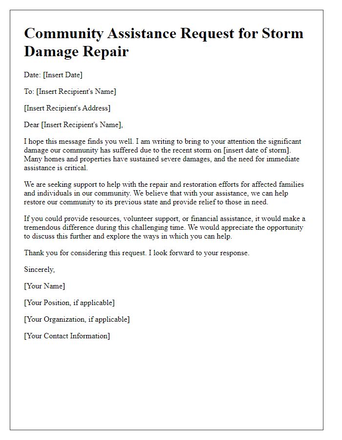 Letter template of storm damage repair for community assistance.