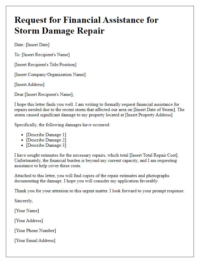 Letter template of storm damage repair for financial assistance.