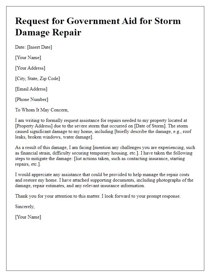 Letter template of storm damage repair for government aid.